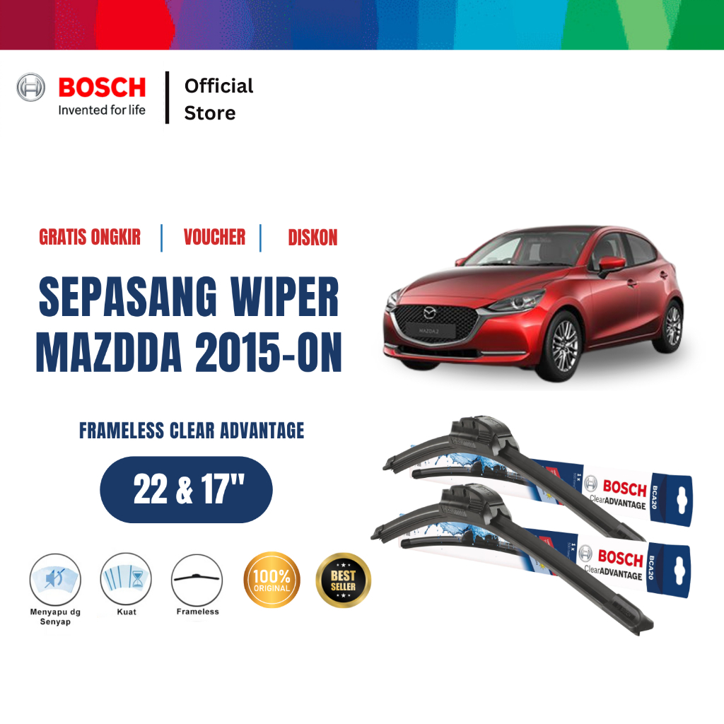 Bosch Sepasang Wiper Mobil Mazda 2 2015-on Frameless Clear Advantage 22 dan 17 Inci Harga 211,310 rupiah*Gratis Ongkir