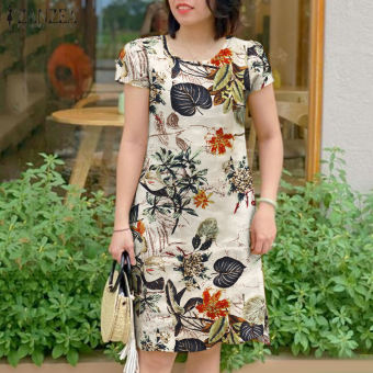 Đầm xòe vải lanh vải bông in hoa tay ngắn cổ tròn mùa hè thường ngày cổ điển Đầm nữ Zanzea