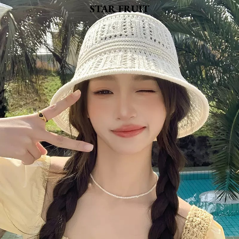 STAR FRUIT⭐ 2026 New Knitted Bucket Hat for Women, Breathable Hollow Design, Cute Style for Spring Summer Sun Protection ราคา 40 บาท*ส่งฟรี