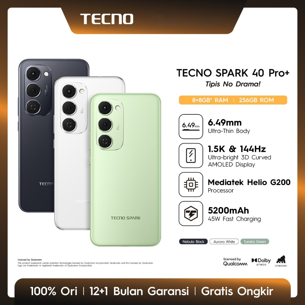 [New] Tecno Spark 40 Pro+ [8/128 Gb] [8/256 Gb] Mediatek Helio G200, 30W Wireless Charge, 1.5K & 144Hz 3D Curved Amoled Harga  2,799,000 Ringgit*Penghantaran Percuma