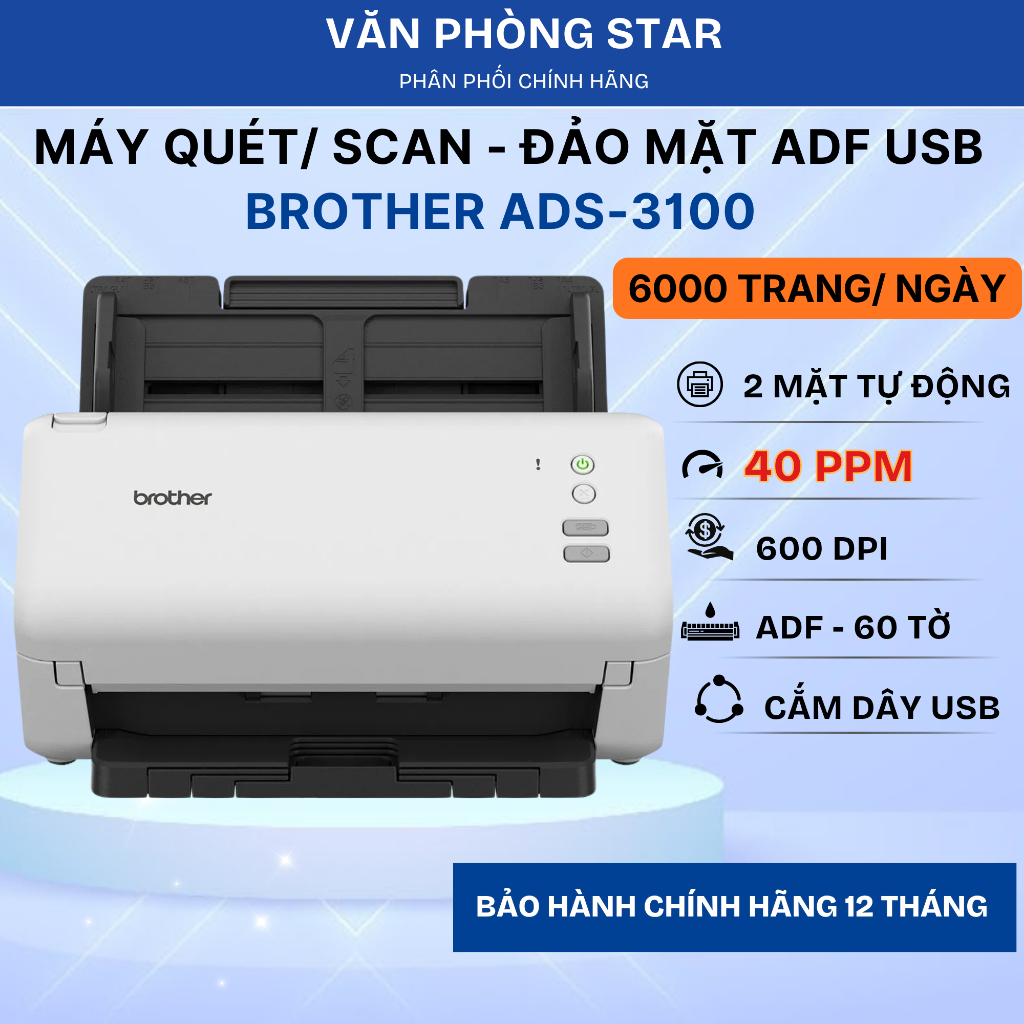 Máy Quét Tài Liệu Brother ADS-3100 - Scan Hồ Sơ, Hợp Đồng, Chứng Từ 2 Mặt Tự Động Cho Văn Phòng