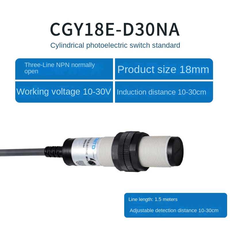 Cảm Biến Quang Điện CGY18E-D30NA M18 CNTD - tùy chọn PNP/NPN Thường Mở/Thường Đóng, 3 Dây, M18, 10-30cm