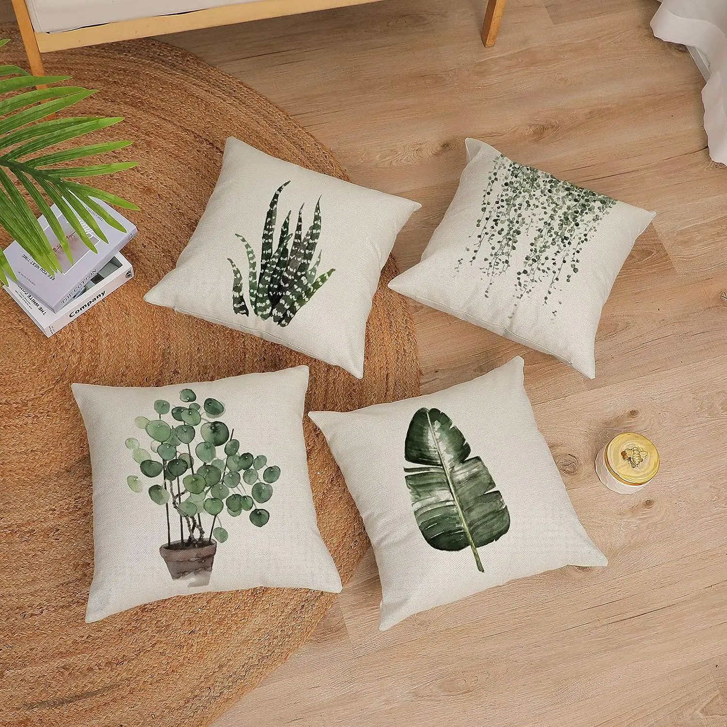 （HC)Green Plant Decorative Throw Pillowcase Linen Square Pillowcase Outdoor Sofa Home Bed Decoration Cushion Cover 50x50cm