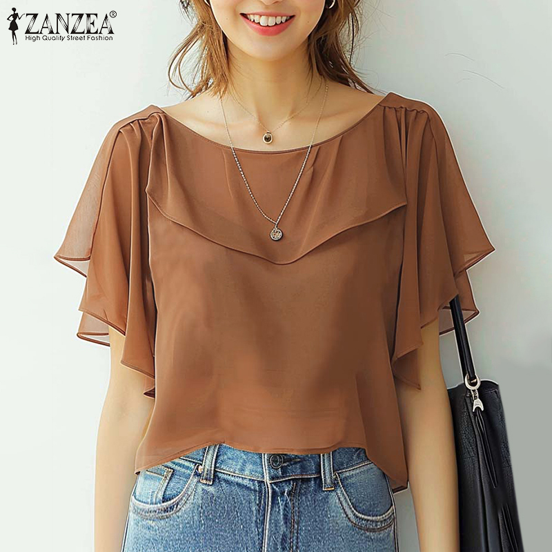 Celmia ZANZEA Korean Style Womens Ruffle Short Sleeve O-Neck Top Pullover Office Ladies Plain Blouse #10 ราคา 155 บาท*ส่งฟรี
