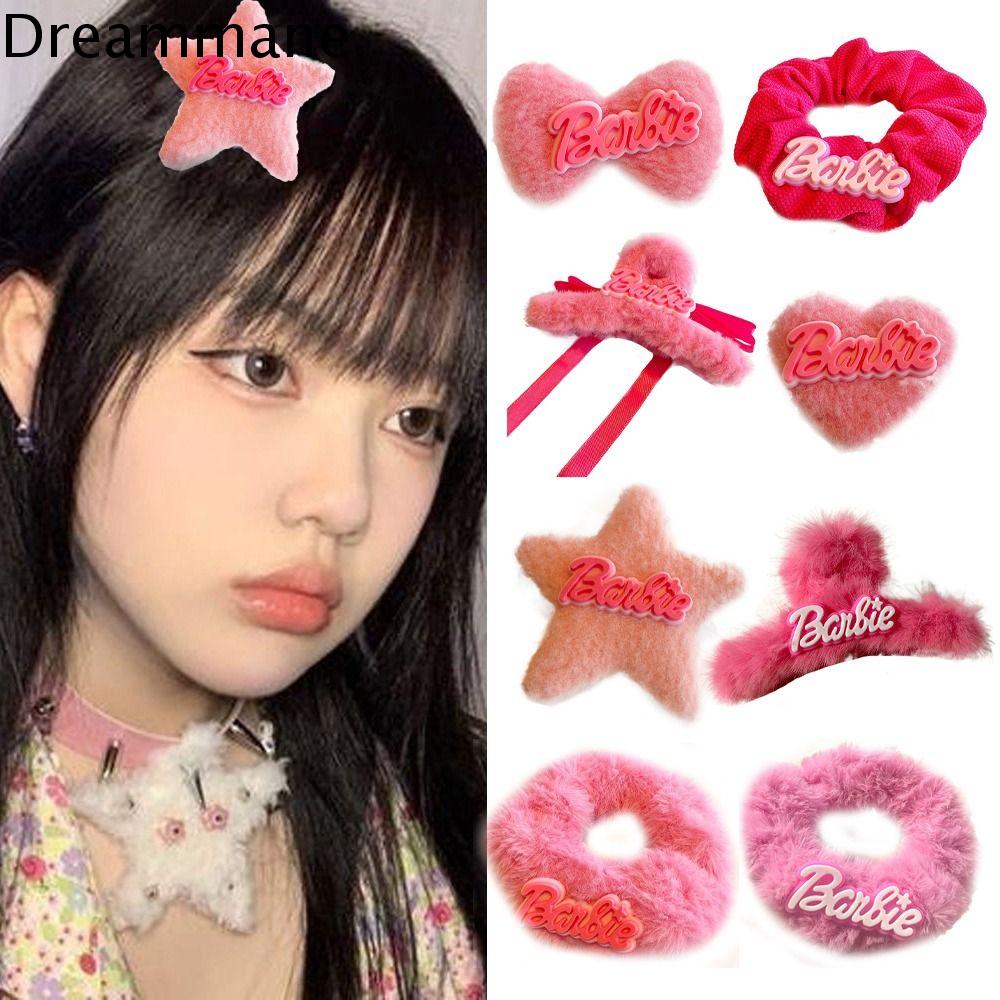 DREAMMANE Màu hồng Kẹp tóc Barbie Chữ cái Vải nhung lông Kẹp tóc hình nơ Dễ thương Phong cách Ins Kẹp tóc bằng vải nhung lông Hóa trang