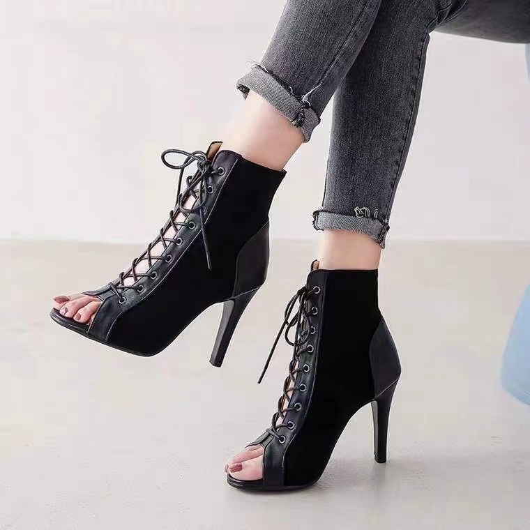  SẴN Bốt lưới hở mũi cột dây gót nhọn cao cấp Giày nhảy dance 2023 B018 