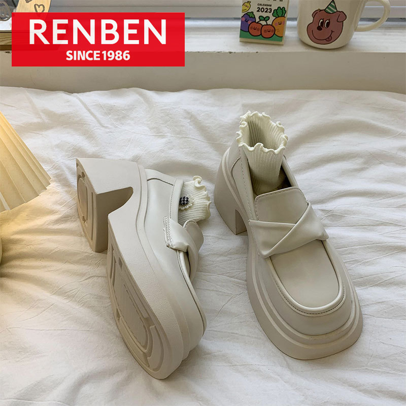  RENBEN phong cách Anh Quốc mới Giày da nhỏ nền tảng nền tảng dày đế giày lười Retro Pháp Giày lười 