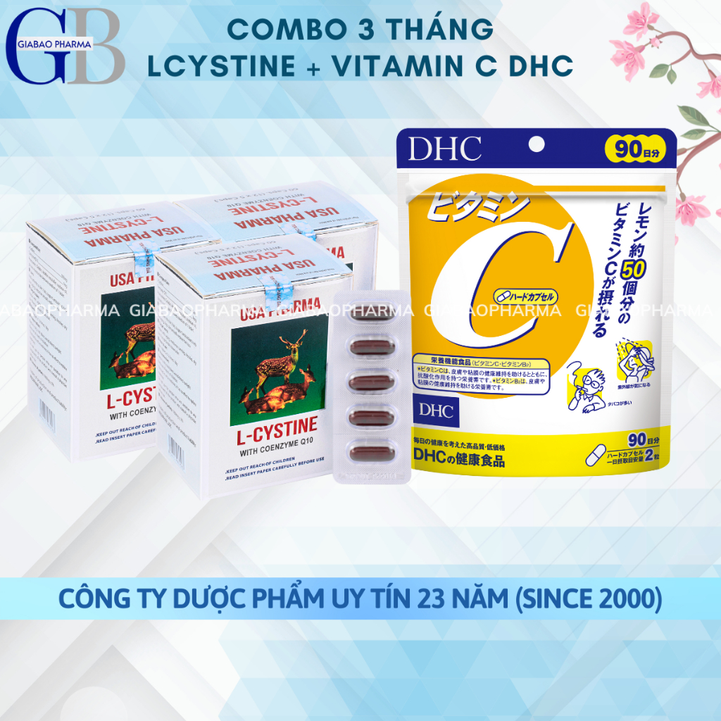 (Combo 3 tháng) Giúp mọc tóc, trắng da L cystine 500mg và Vitamin C DHC (L cystine hộp 60 viên, Vita