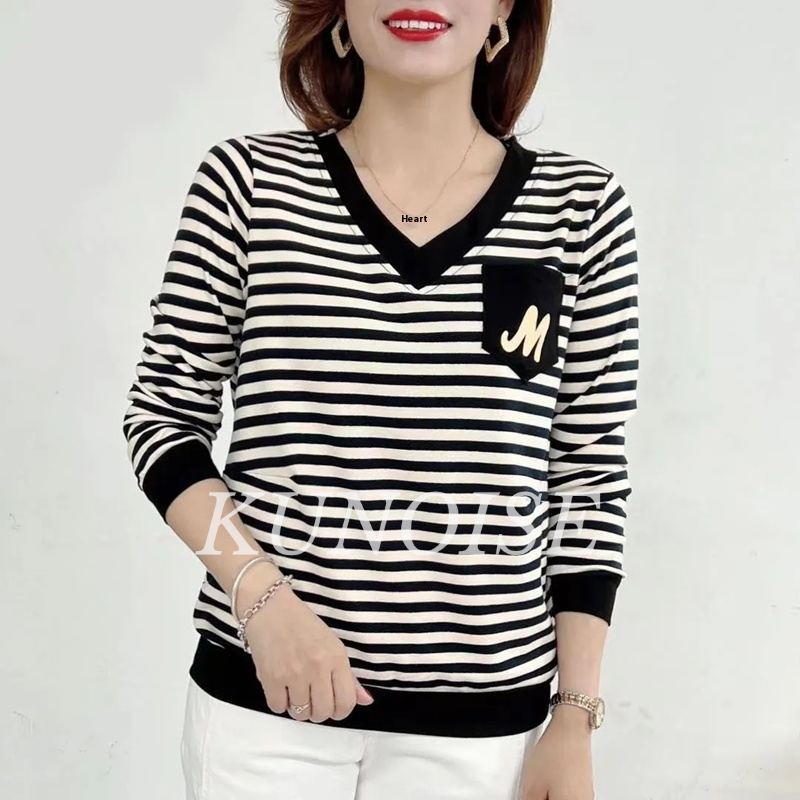 KUNOISE Women's Fashionable Striped Long Sleeve Top with Pocket Design ราคา 147 บาท*ส่งฟรี