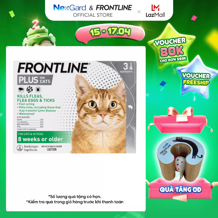 Frontline Plus - Tuýp nhỏ gáy phòng & trị ve, rận, bọ chét (trứng, ấu trùng, con trưởng thành) dành cho mèo - 1 hộp 3 tuýp