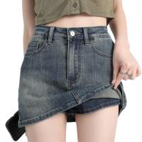 HEALMEYOU Hai túi Váy Chữ A eo cao Bao gồm quần short ỐNg RộNg Quần short denim váy nữ Thời trang Eo cao Váy Bò rộng màu xanh dương Đại học