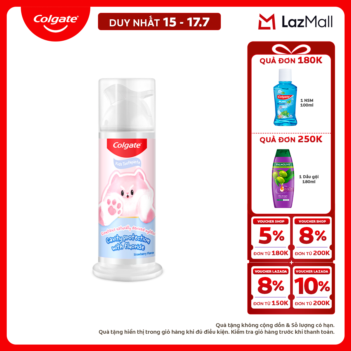 [Chỉ 15-17.7_X2 Voucher giảm đến 18%] Kem đánh răng Colgate cho trẻ em Fluffy hương dâu, dạng nhấn dễ sử dụng 85g