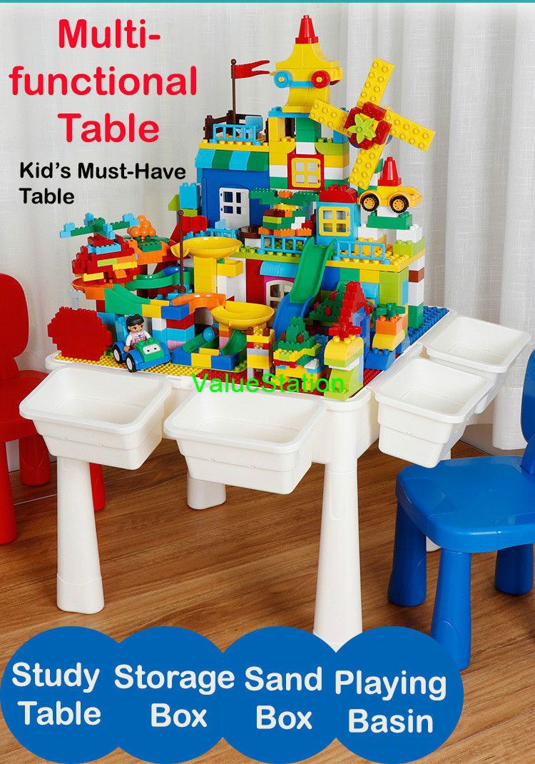 Multifunctional PP Plastic Children Desk Building Blocks Assembled Learning Table And Chair With Storage Box Panel Non-Slip Mat Waterproof Plug Increase Leg Study Tables For Kids Playing Bricks Toys Educational Enlighten Stable Furniture Sets