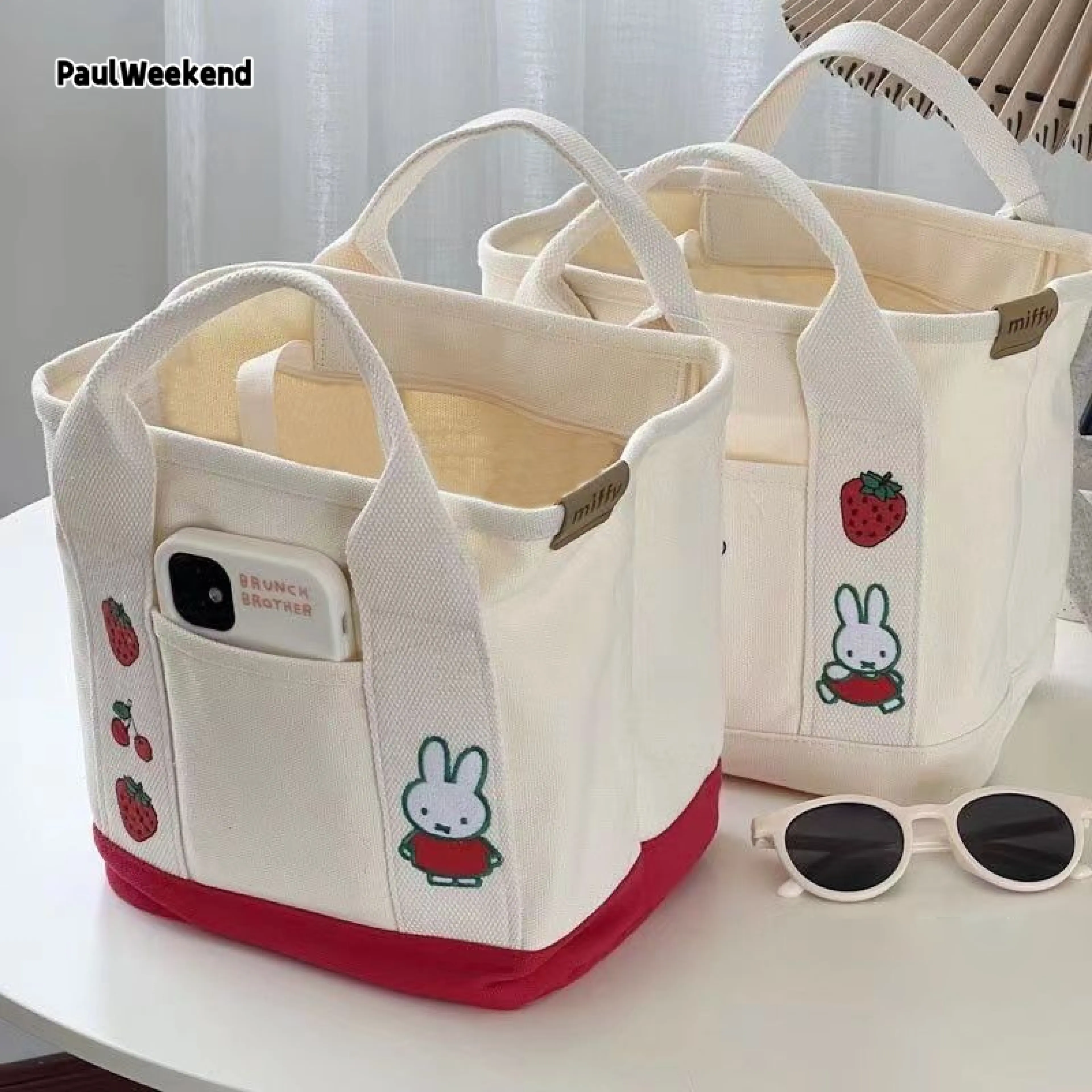 PaulWeekend Rabbit Embroidery Canvas Bag Bento Handbag - รูปที่ 1