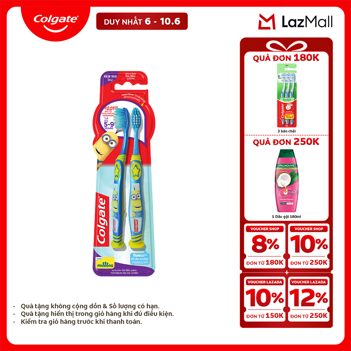 [Chỉ 6-10.6_X2 Voucher giảm 22%] Bộ 2 bàn chải Colgate Minion Twin cho trẻ em từ 5-9 tuổi