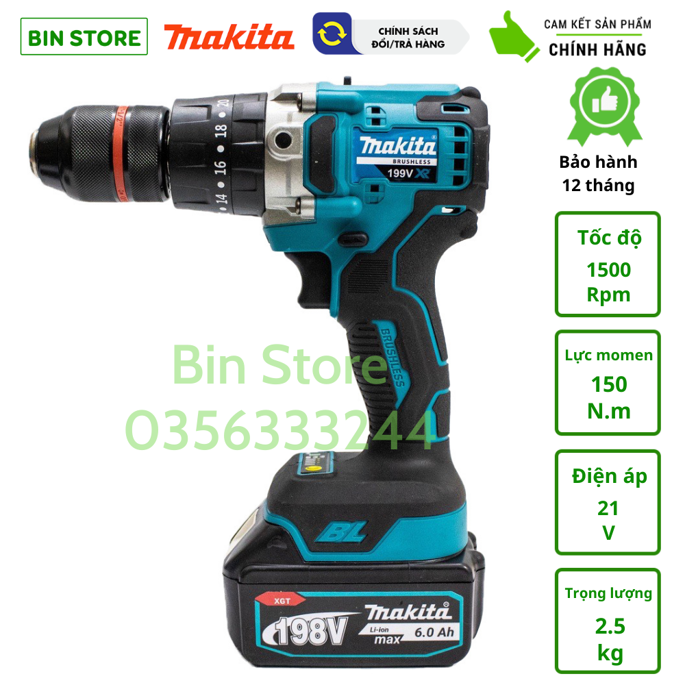 Máy khoan pin MKT 199v động cơ không chổi than - Dùng pin Makita chân phổ thông 4cm - Đầu Autolock viền đỏ lᴏại 1 - Tặng túi phụ kiện