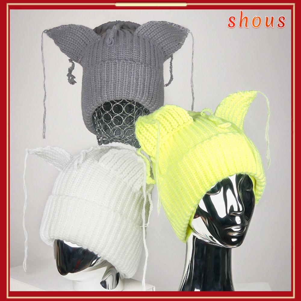SHOUS Len dệt Mũ len nữ Tai Mèo Màu trơn Mũ Beanie trơn Quà Tặng Y2K Mũ Dệt mùa đông Mùa đông