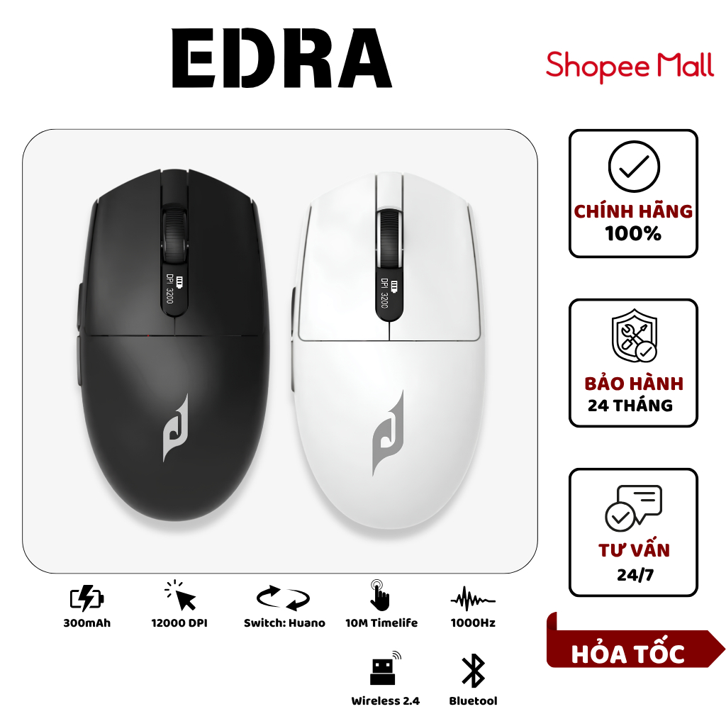 Chuột Không Dây EDRA EM6102WL Màn LED cao cấp 3 Mode (12000 DPI/ Huano10M/ USB / 2.4Ghz / Bluetooth)
