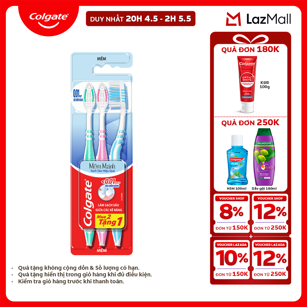 [Chỉ 25-29.4_X2 Voucher giảm 20%] Bàn chải đánh răng Colgate SlimSoft Deep Clean sạch sâu hiệu quả