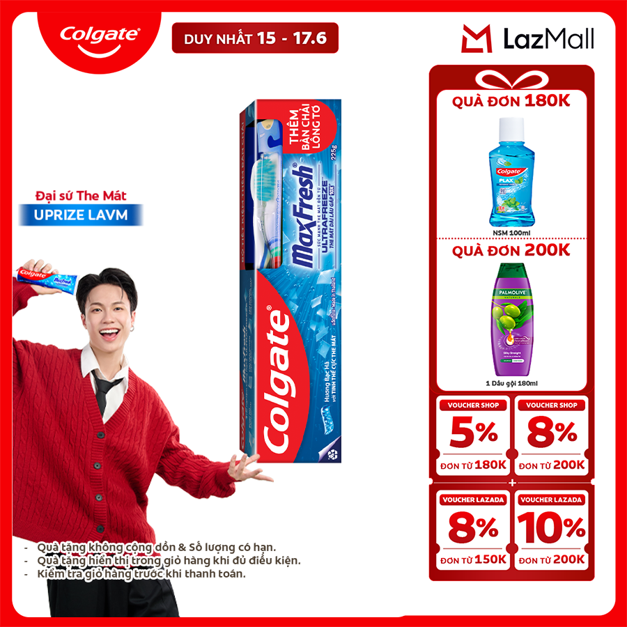 Kem đánh răng Colgate MaxFresh ULTRAFREEZE the mát gấp 10X 225g /tuýp tặng bàn chải đánh răng lông mềm