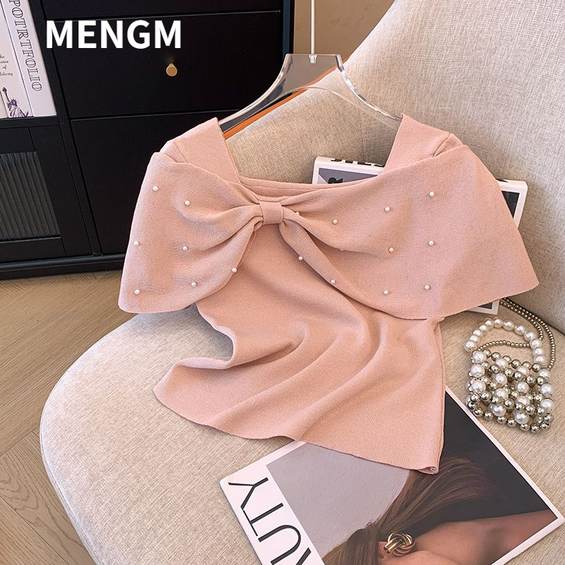 French sweet one-shoulder short-sleeved sweater for women summer new style beaded bow top