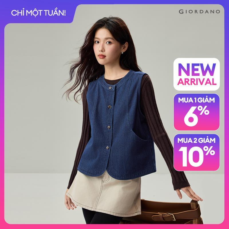 GIORDANO Women Vests Seam Detail Pockets Denim Vests Round Neck Regular Fit Fashionable Casual Denim Vests 13376706
