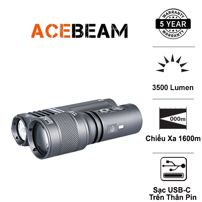 Đèn pin ACEBEAM M1 Terminator 3500 lumen chiếu xa 1600m sạc USB-C pin 21700 5000mah