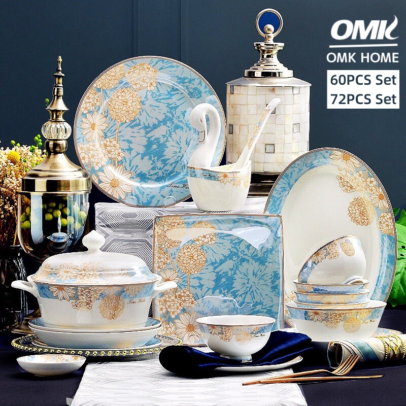 OMK 60PCS/72PCS European luxury style Bone China Tableware Set Party tableware suitable for 10 people Dinner Plate Set bowl ราคา 8,222 บาท*ส่งฟรี