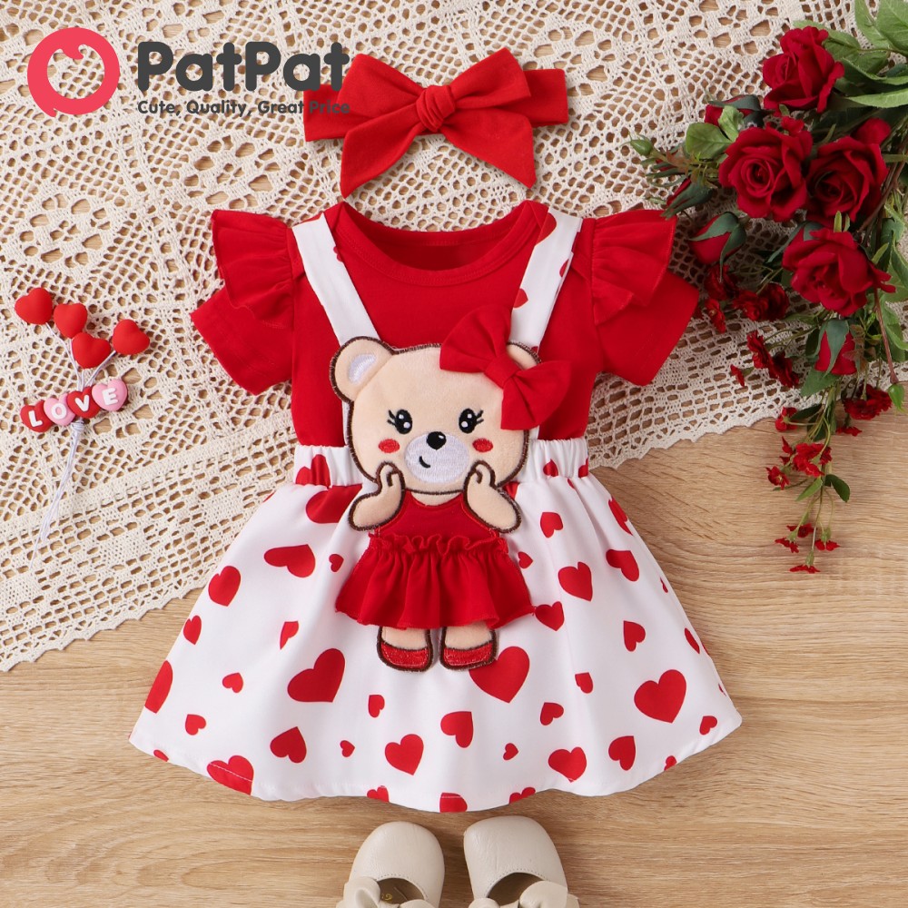 PatPat 2pcs Baby Girl Valentine's Day Animal Pattern Bear Flutter Sleeve Vest and Skirt Set ราคา 517 บาท*ส่งฟรี