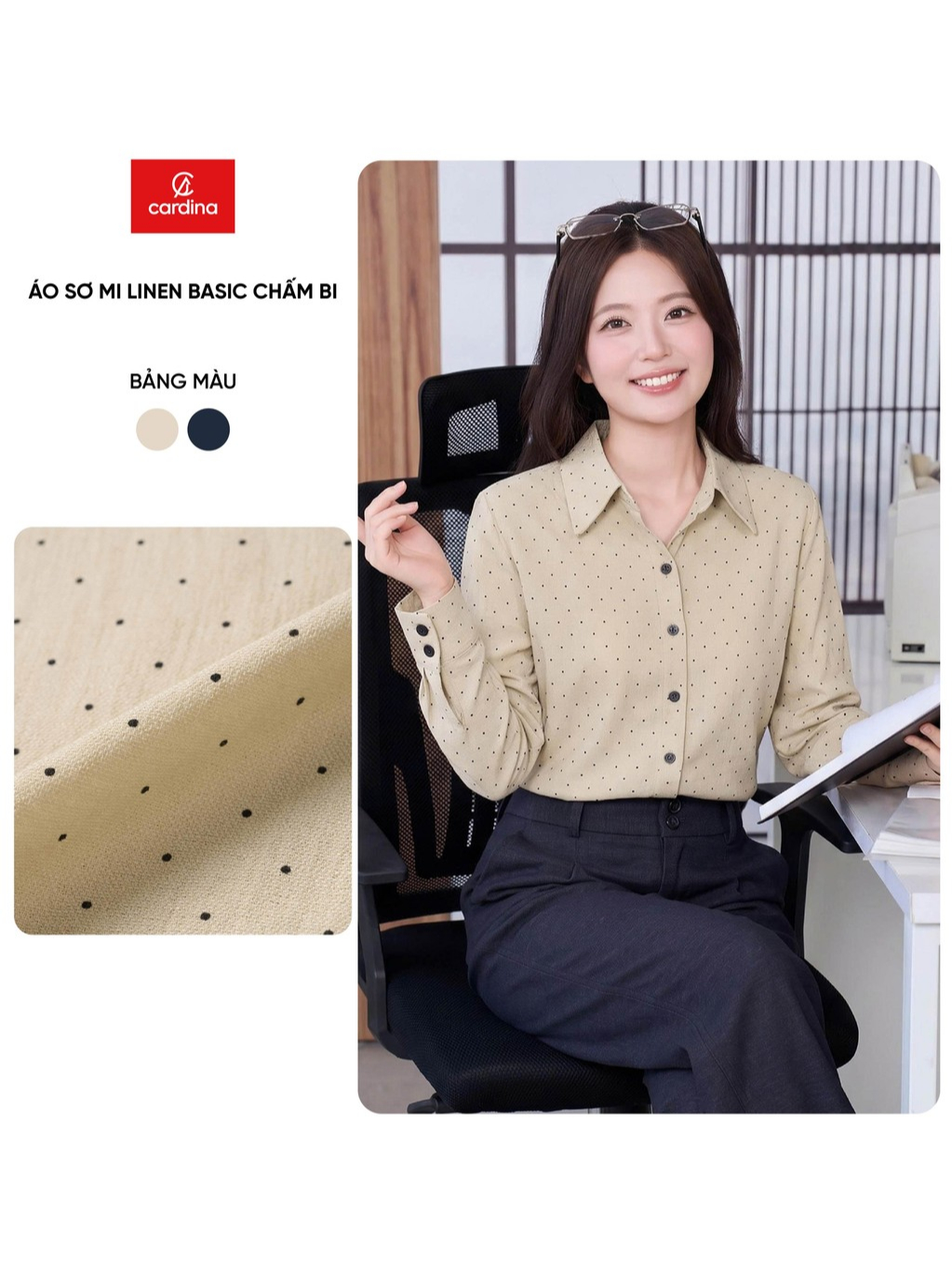 Áo sơ mi nữ CARDINA chất liệu linen dài tay chấm bi kiểu dáng basic 6ASD05