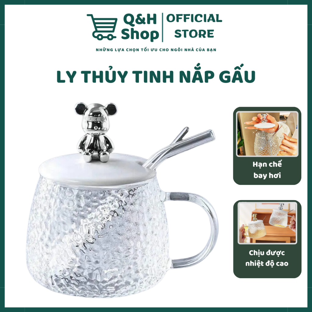 Cốc Thủy Tinh Trong Suốt Nắp Gấu Bear Thiết Kế Dễ Thương Ly Thuỷ Tinh Nắp Gấu - QH Shop