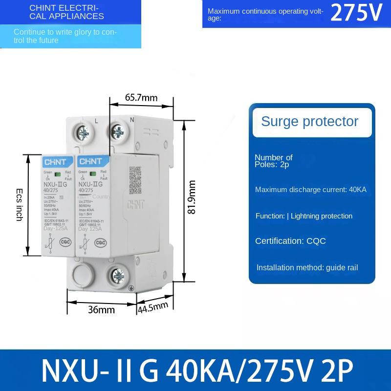Bộ Bảo Vệ Sét NXU-ⅡG 40kA/275V 2P Chống Sóng Điện CHINT NXU Ⅱ/NXU-Ⅰ+Ⅱ 20-100kA, 2P/3P/4P