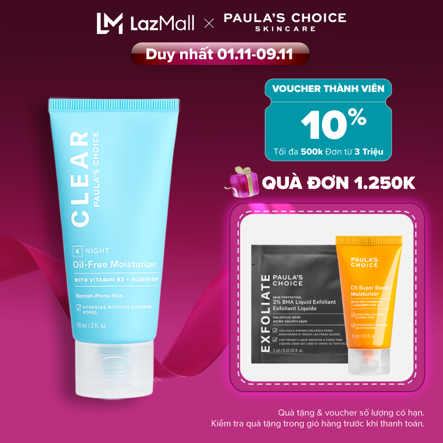 Kem Dưỡng ẩm dịu nhẹ không chứa dầu dành cho da mụn Paula’s Choice Clear Oil-Free Moisturizer 60ml- 