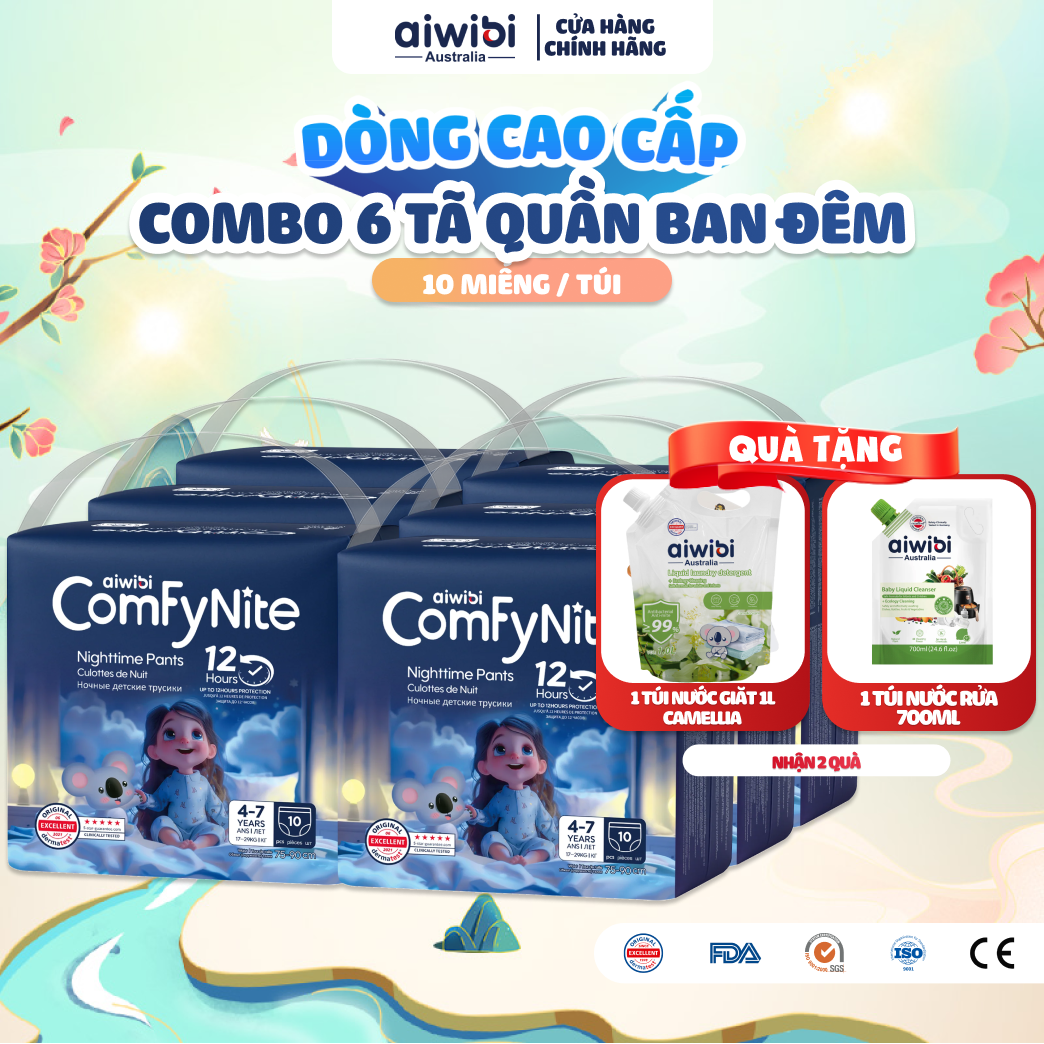 [Combo 6] Tã/Bỉm Quần Ban Đêm Aiwibi ComFyNite Siêu Thấm Hút, Cho Bé Cân Nặng Lớn - 10 Miếng - S/M/L/XL