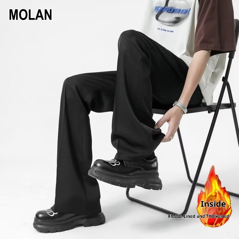 Quần nam mùa thu và mùa đông quần ống rộng Lót Lông Cừu eo cao quần phong cách công sở cho nam ống đứng dáng rộng thường ngày