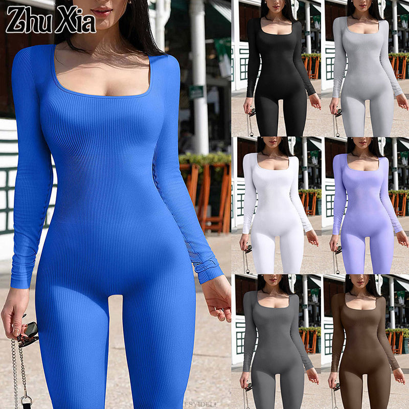 Zhu XIA quần dài tay nữ Jumpsuit đơn sắc cổ áo vuông Âu và Mỹ đồ liền thân có ren đáy hợp thời trang