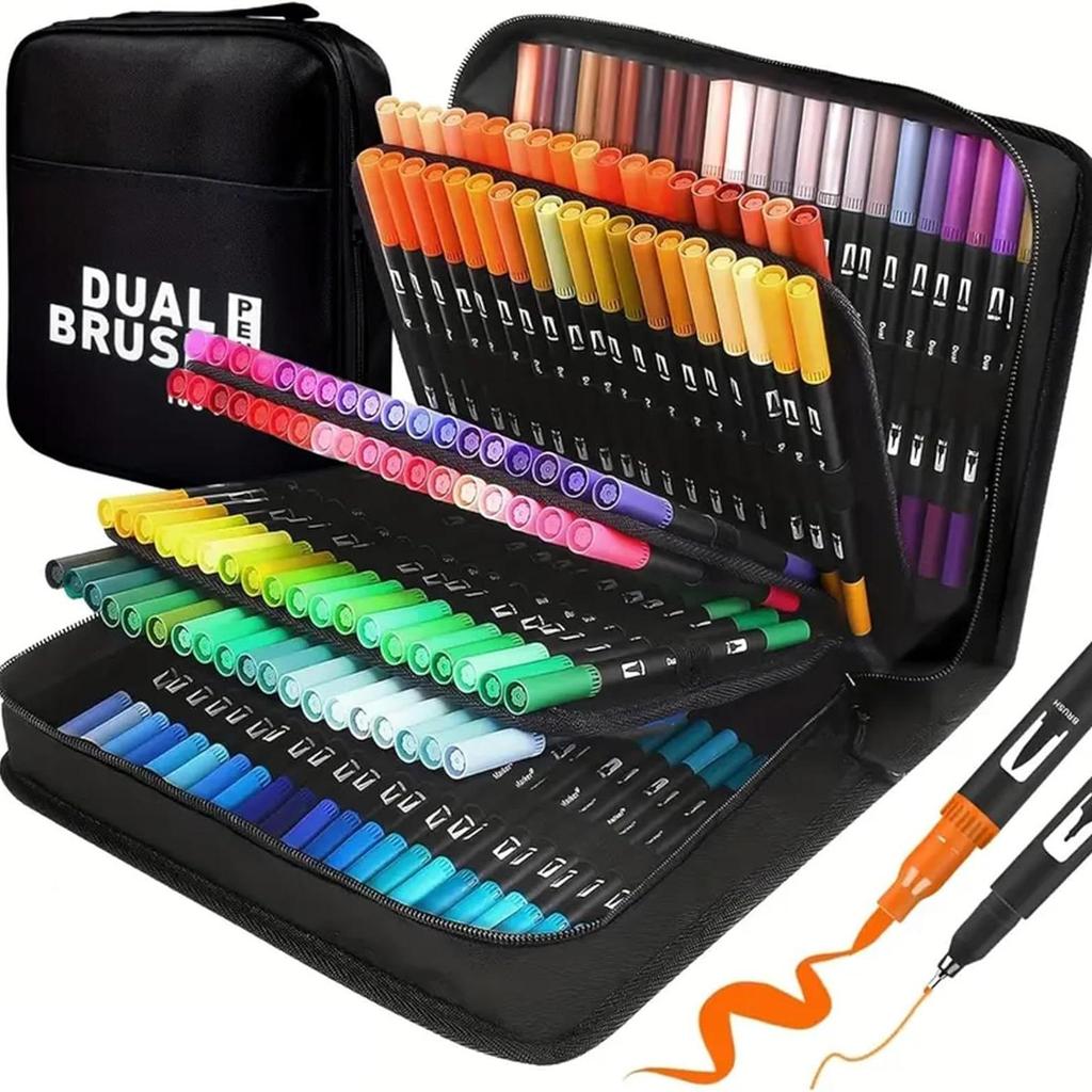 Bộ Bút Màu Hai Đầu Dual Tip Art Coloring Markers Set với Hộp Gấp Gọn cho Vẽ Tranh Bút Cọ Đầu Mỏng và Đầu Cọ Dựa trên