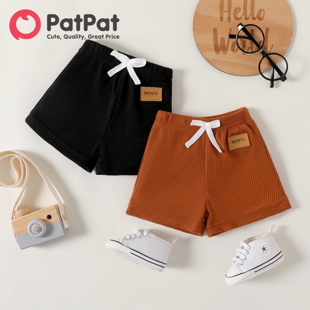 PatPat Baby Boy Girl Badge Detail Solid Waffle Textured Shorts