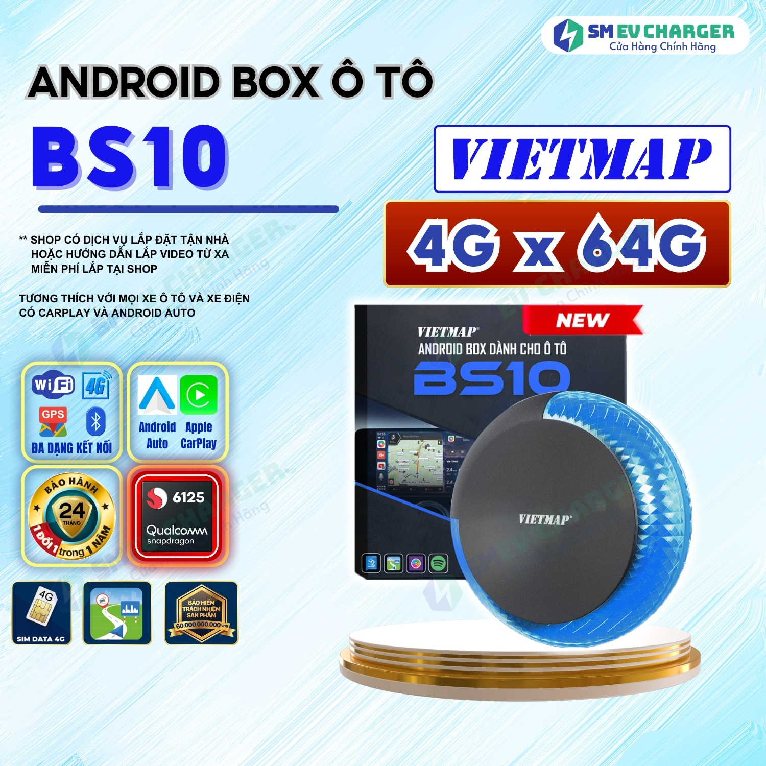 Android Box Vietmap BS10 - Tặng Vietmap Live Vietmap S2 - CarPlay và Android Auto thế hệ mới - SMEV Chính Hãng