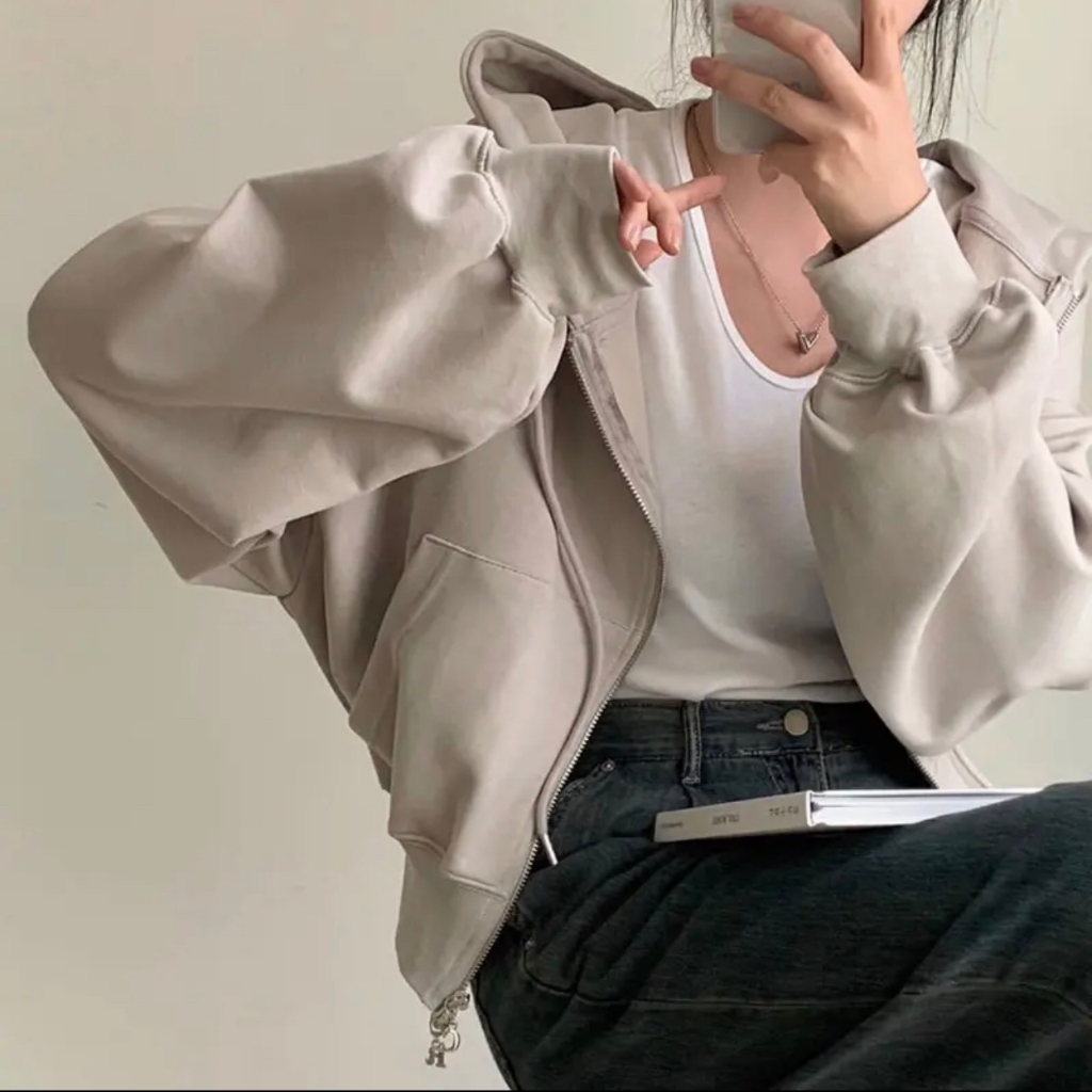 COD Áo khoác croptop nỉ nữ form hoodie zip lót nỉ lông thiết kế dây đai đuôi áo MA091ERDHTRFXDHTF