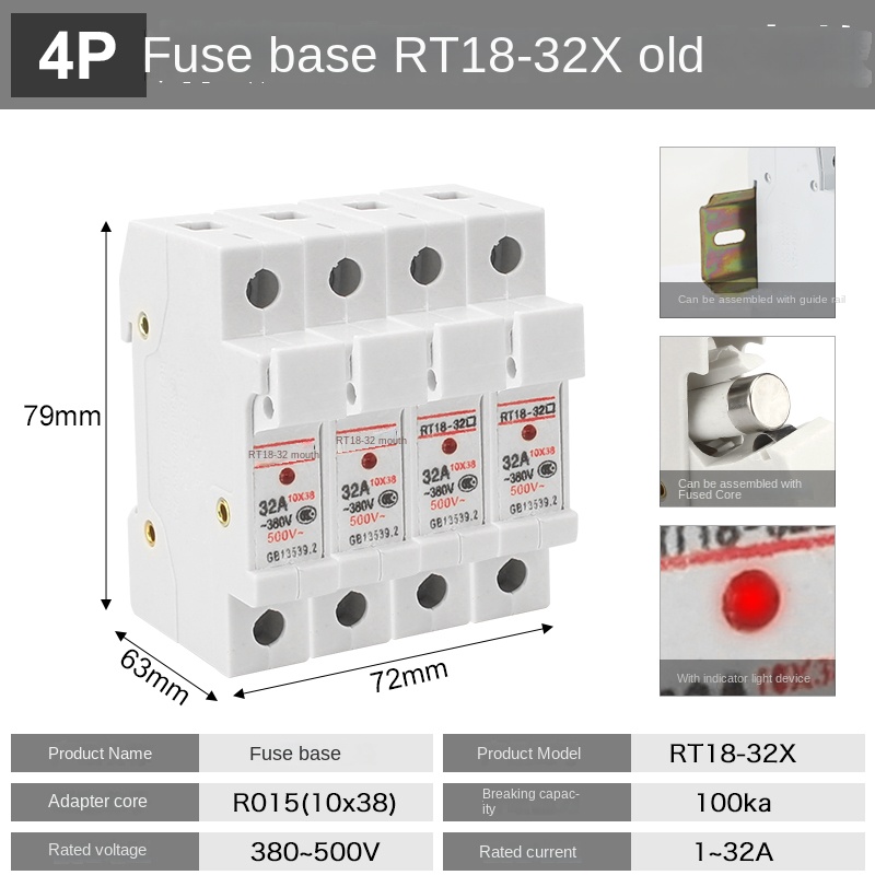 Đế Cầu Chì RT18-32X Nhựa Thông Thường 4P | RT18-32X 1P/2P/3P/4P, Có Đèn Báo, Tùy Chọn Cầu Chì 1-32A, Nhựa Cải Tiến/Thường, Bảo Vệ Mạch Điện Công Nghiệp
