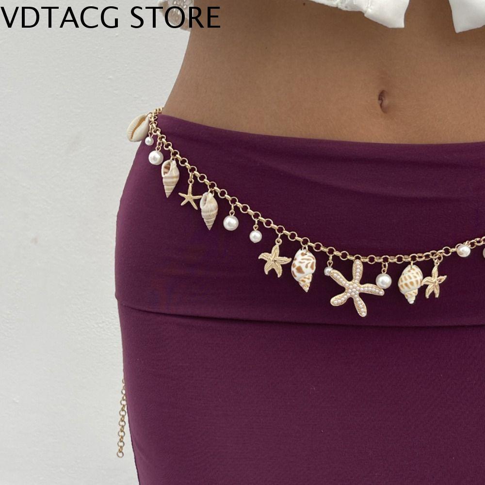 VDTACG Vỏ Trang sức dây chuyền cơ thể Sao Biển Trang sức cơ thể Dây đeo thắt lưng hạt gạo Mùa hè Phong cách dân tộc Dây chuyền cơ thể Phong Cách Bohemian Phụ nữ