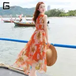 Váy dài mùa hè phong cách bohemian váy đi biển in hoa của phụ nữ