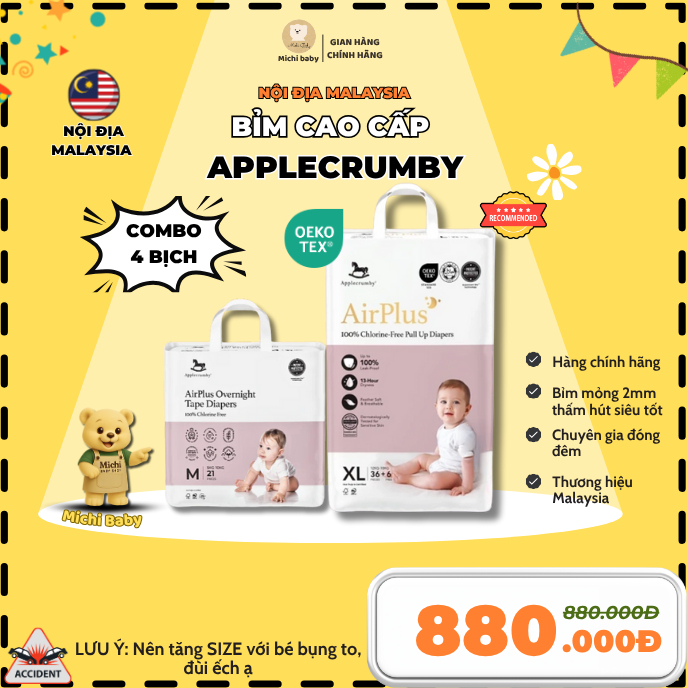 Combo 4 Bịch Bỉm Đêm Mega/Mini Applecrumby AirPlus Overnight siêu thấm hút  Cho Bé - MC580