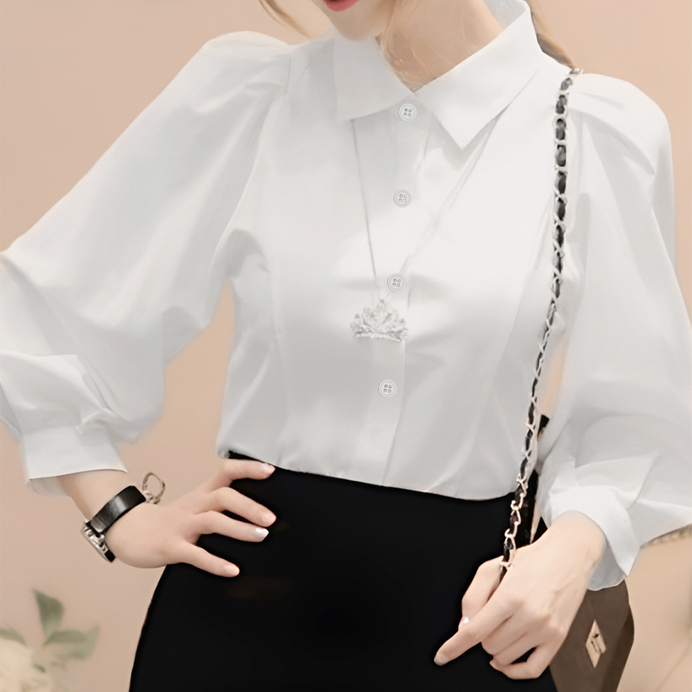 BRANCHÉ เสื้อสตรีฤดูใบไม้ผลิที่สง่างามธรรมดาแขนโคมไฟยาวเสื้อคอปกปกติพอดีสำนักงานเลดี้ B250107 ราคา 173 บาท*ส่งฟรี