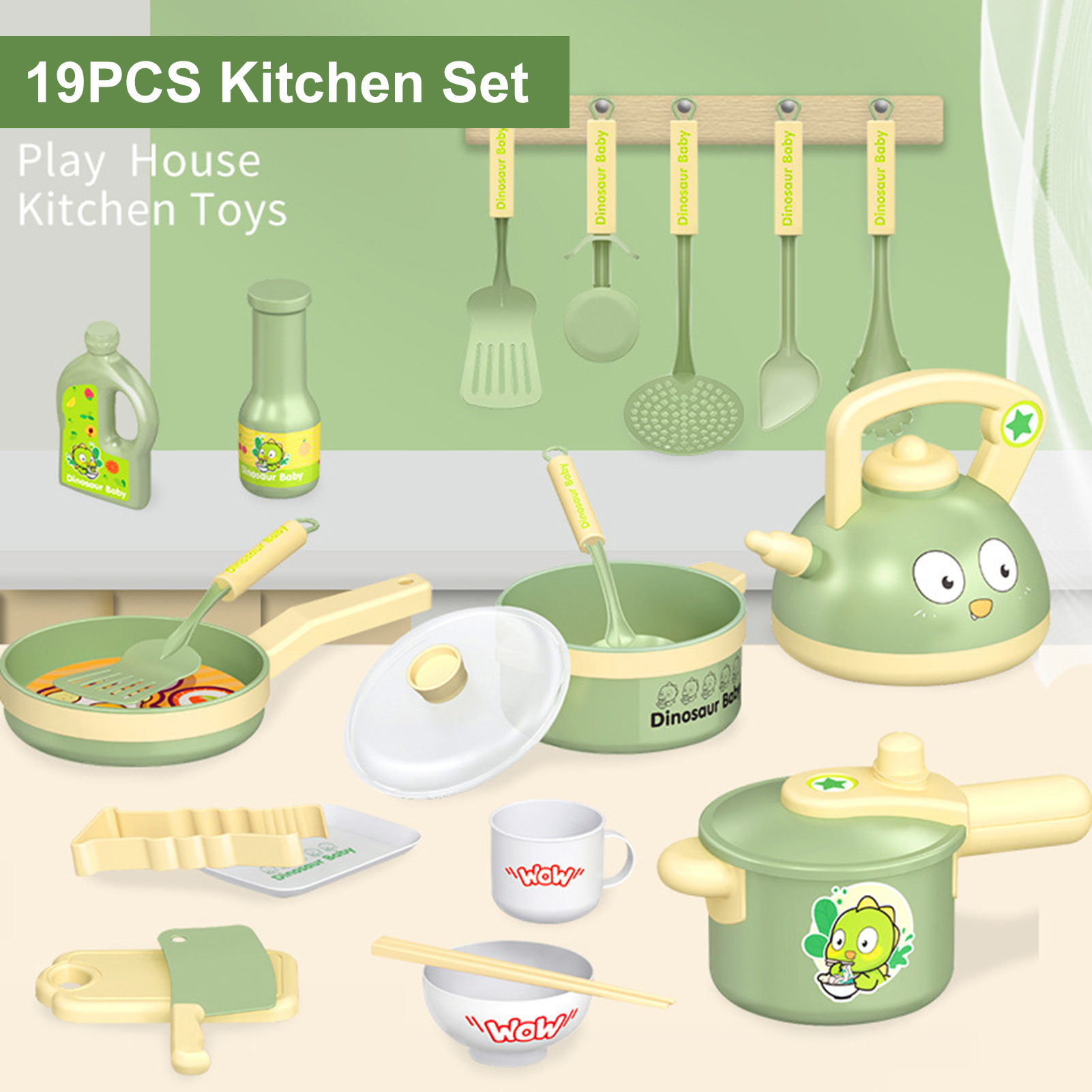 Microgood 19 cái/bộ khủng long Bộ dụng cụ nhà bếp thực tế đồ chơi cho nhà vui chơi của trẻ cao ấm tạo áp suất ấm Bộ đồ ăn đồ dùng cho trẻ em 19 cái/bộ áp lực