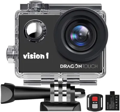 Dragon Touch 1080P Action Camera, Underwater 98ft Video Sports Cam with 2" LCD Screen, Remote and Mounting Accessories Kits-Vision 1