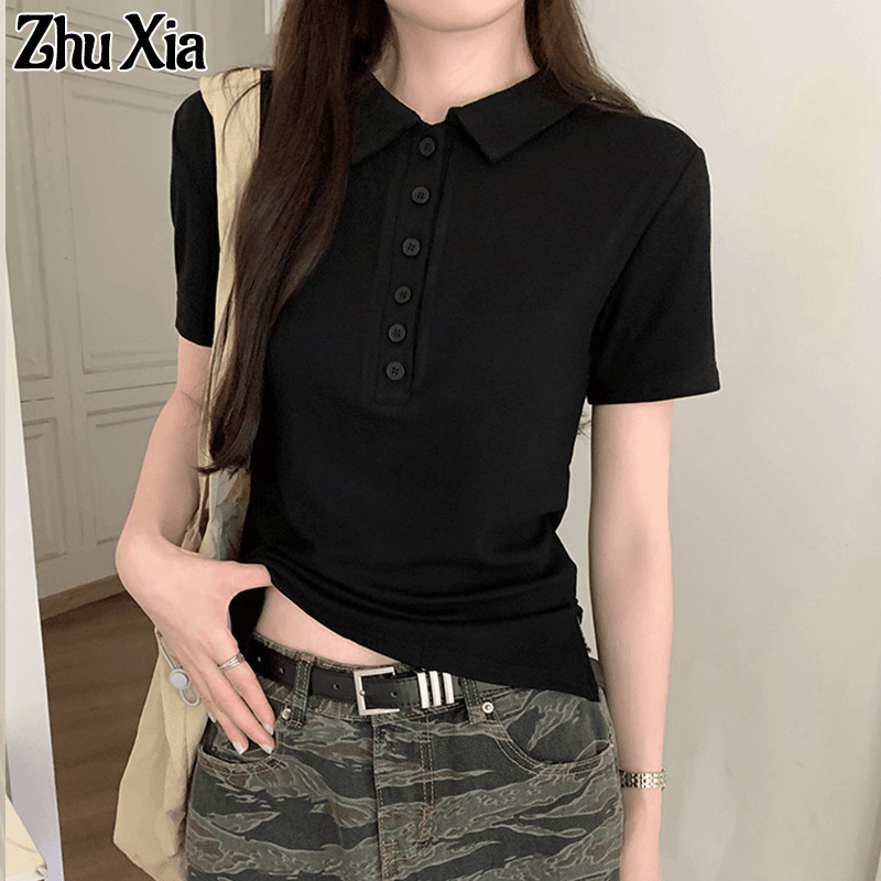 Zhu XIA phong cách polo cổ áo phông ngắn tay cho phụ nữ, mùa hè hàng mới về, ôm vừa giản dị trang phục công sở với nút chi tiết
