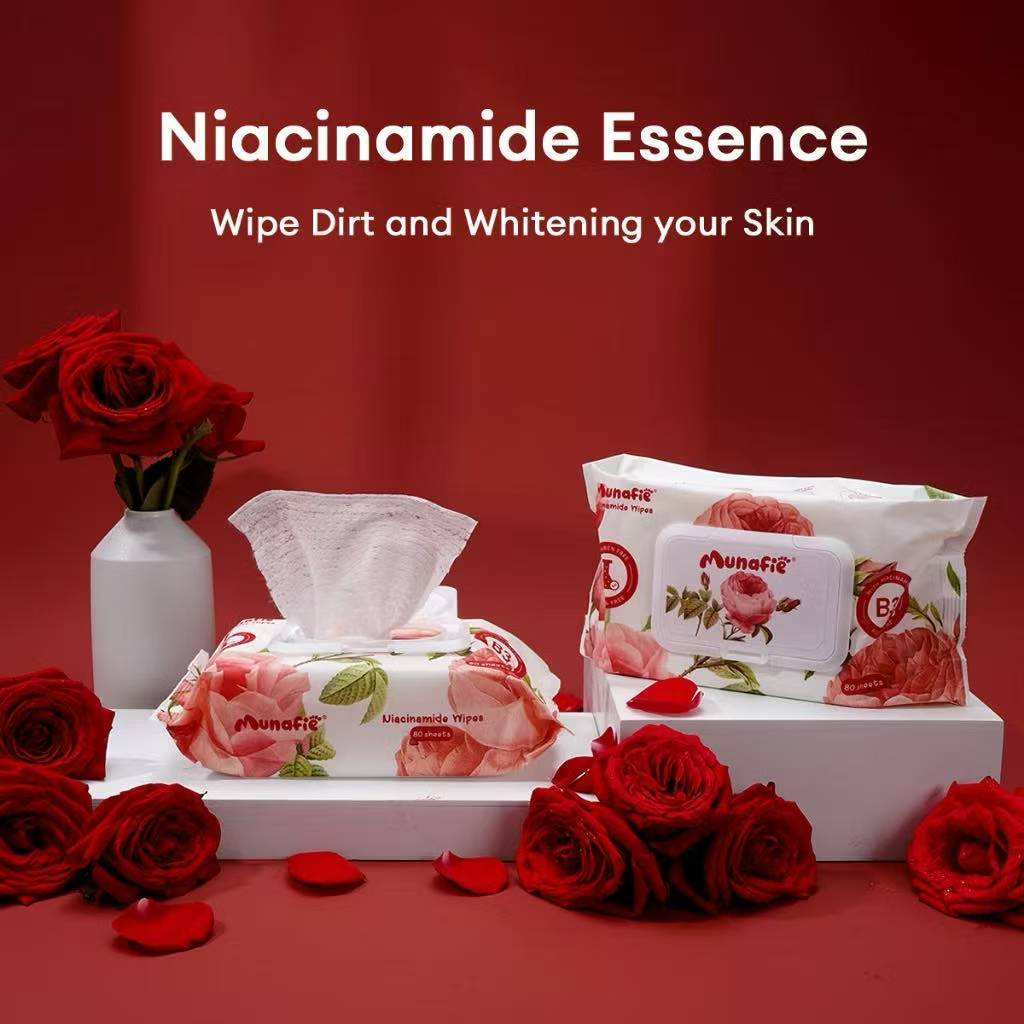 1Pack Munafie Rose Scented Niacinamide Cleansing Wipes 80 Sheets Alcohol Free With FDA