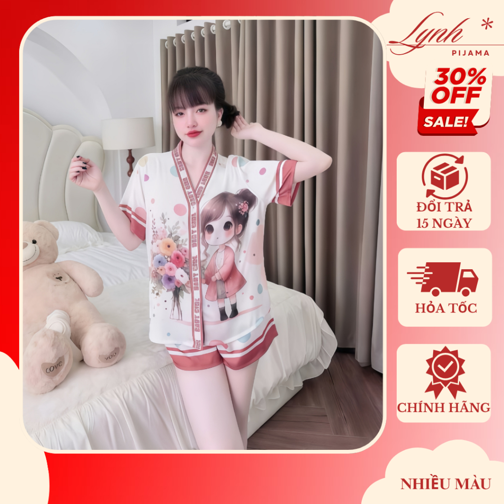 (60-75Kg) Đồ Bộ Pijama Nữ Cộc Đùi Cổ V Lụa Latin Tơ Tằm Mềm Mịn Mát Freesize Lynh Pijama